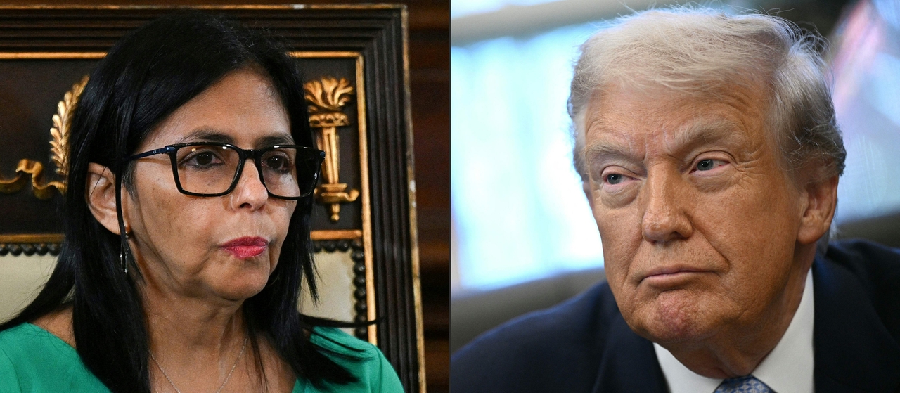 This combination of pictures shows Venezuela's vice-President Delcy Rodriguez (left) attending a session of the National Assembly to swear in as Venezuela's interim President in Caracas on Monday and US President Donald Trump  in the Oval Office of the White House. (AFP)