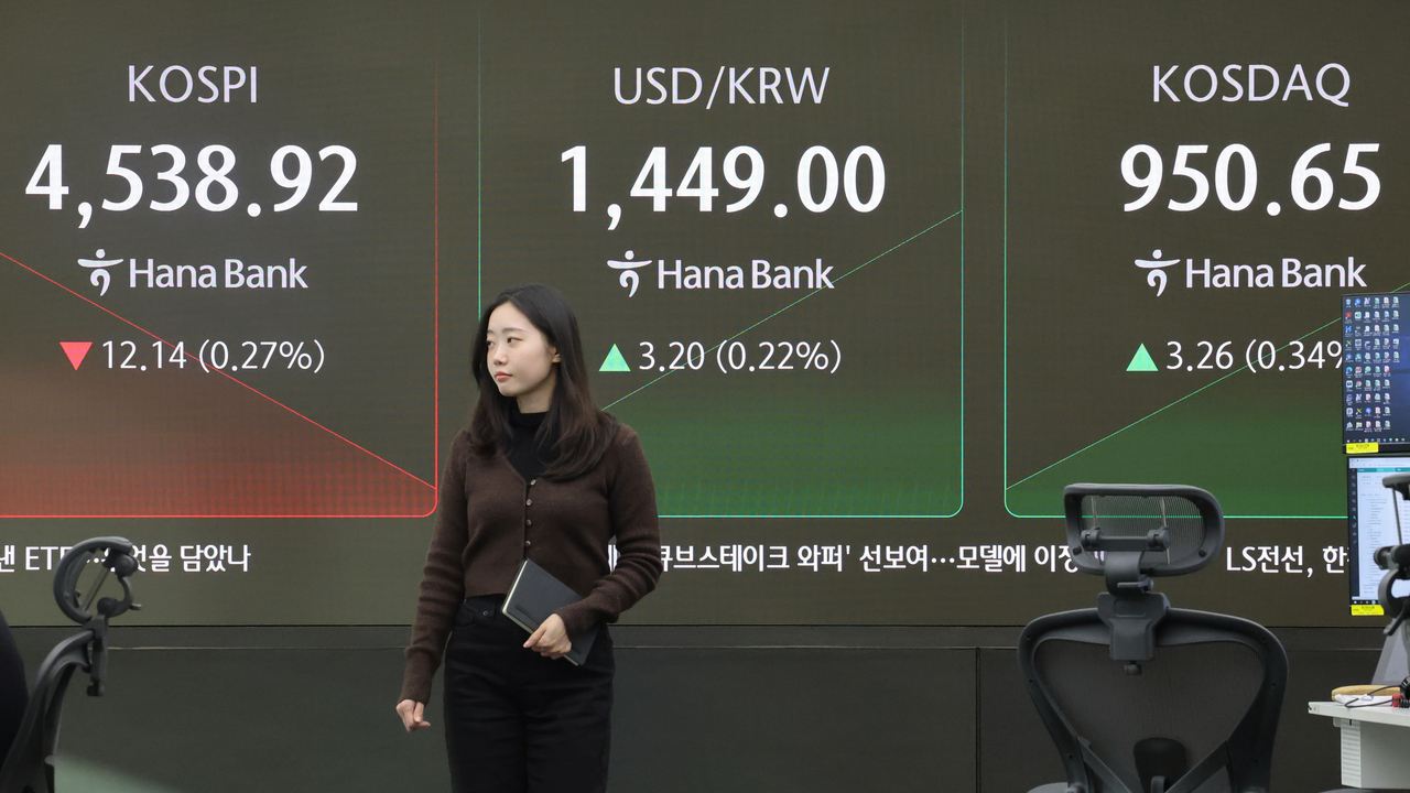 An electronic board showing the Korea Composite Stock Price Index at a dealing room of the Hana Bank headquarters in Seoul on Thursday. (Yonhap)