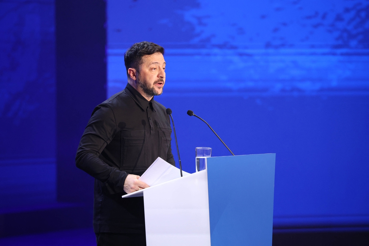 Ukraine's President Volodymyr Zelenskyy speaks during the opening ceremony of the Cyprus Presidency of the Council of the European Union in Nicosia on Wednesday (Cyprus Presidency of the EU via AFP)