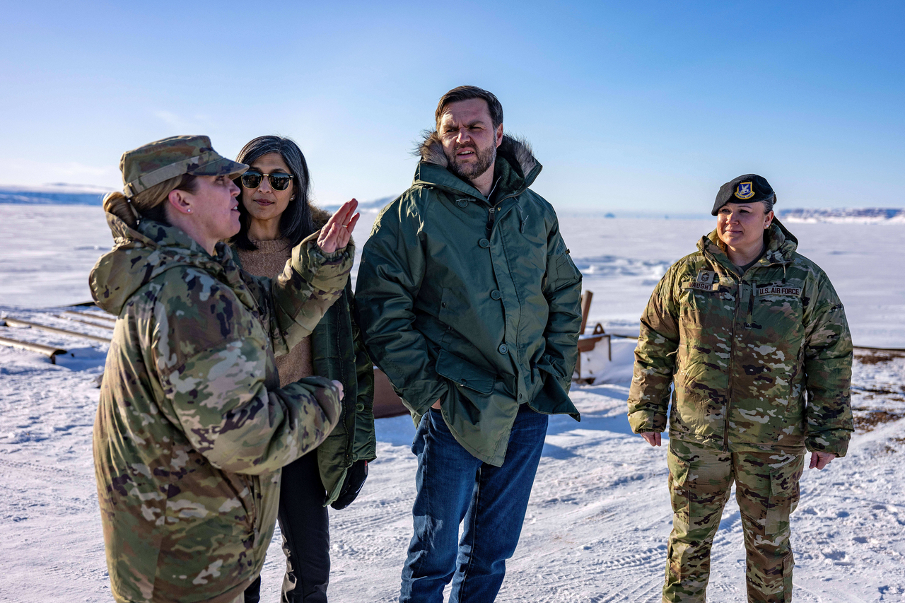 Vice President JD Vance (second from right) and second lady Usha Vance (third from right) tour the US military's Pituffik Space Base in Greenland, March 28, 2025.    AP-Yonhap