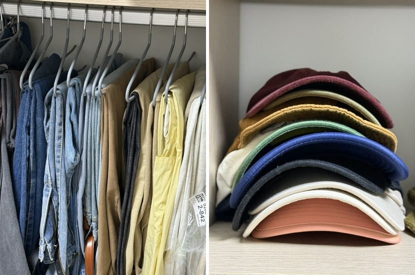 Clothes and caps are neatly organized by the cleaning service Jeong irregulary uses. She says that the help of experts gives her time to really rest and invest that time into something else. (Jeong)
