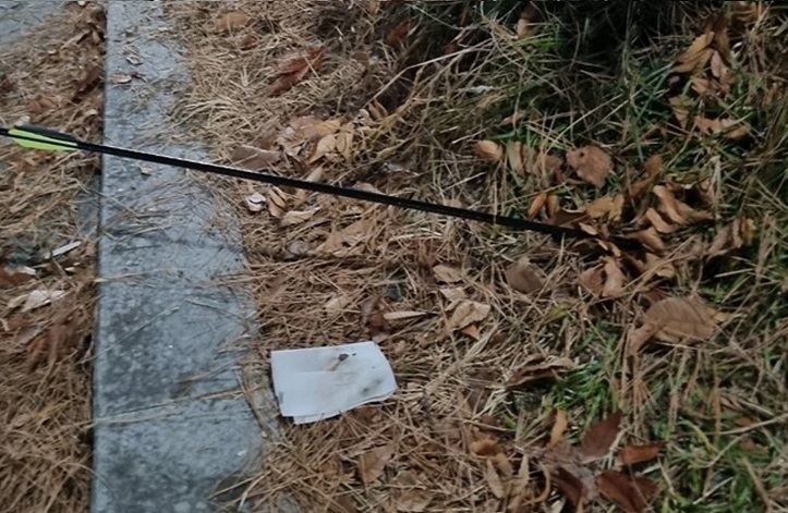 An arrow is seen lodged in a flower bed just meters from where a woman had been walking her dog. (Yonhap)