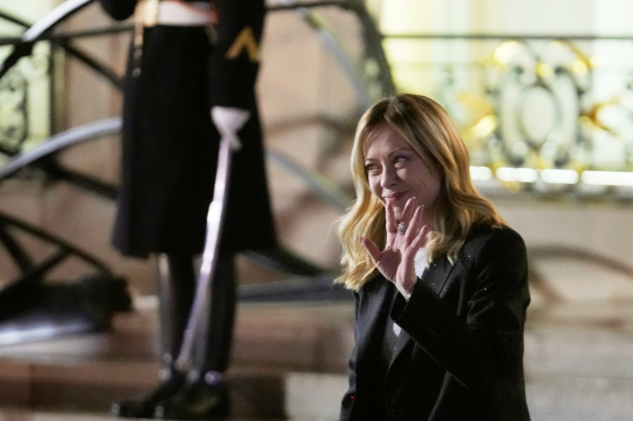 Italy's Prime Minister Giorgia Meloni waves as she departs after a meeting of the 'Coalition of the Willing' on Ukraine at the Elysee Palace in Paris on Jan. 6, 2026. (AP)