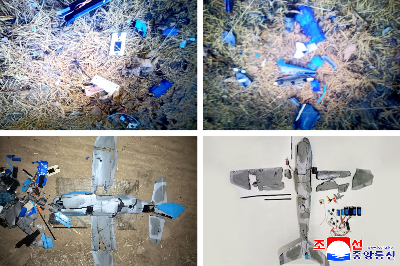 These photos, shown by North Korea's official Korean Central News Agency on Saturday, shows debris of drones that North Korea claimed were sent by South Korea across the border in September 2025 and on Jan. 4. (Yonhap)