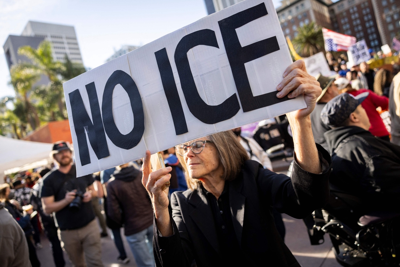 People protest against US Immigration and Customs Enforcement (ICE), in Los Angeles, Saturday.   (AFP-Yonhap)