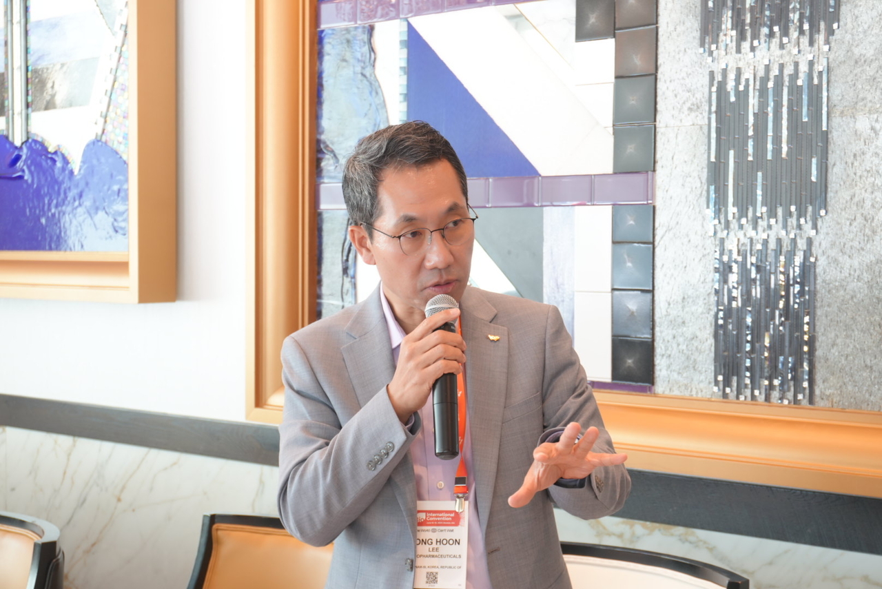 SK Biopharmaceuticals CEO Lee Dong-hoon speaks at a press conference on the sidelines of Bio USA in Boston, June 19, 2025. (SK Biopharmaceuticals)