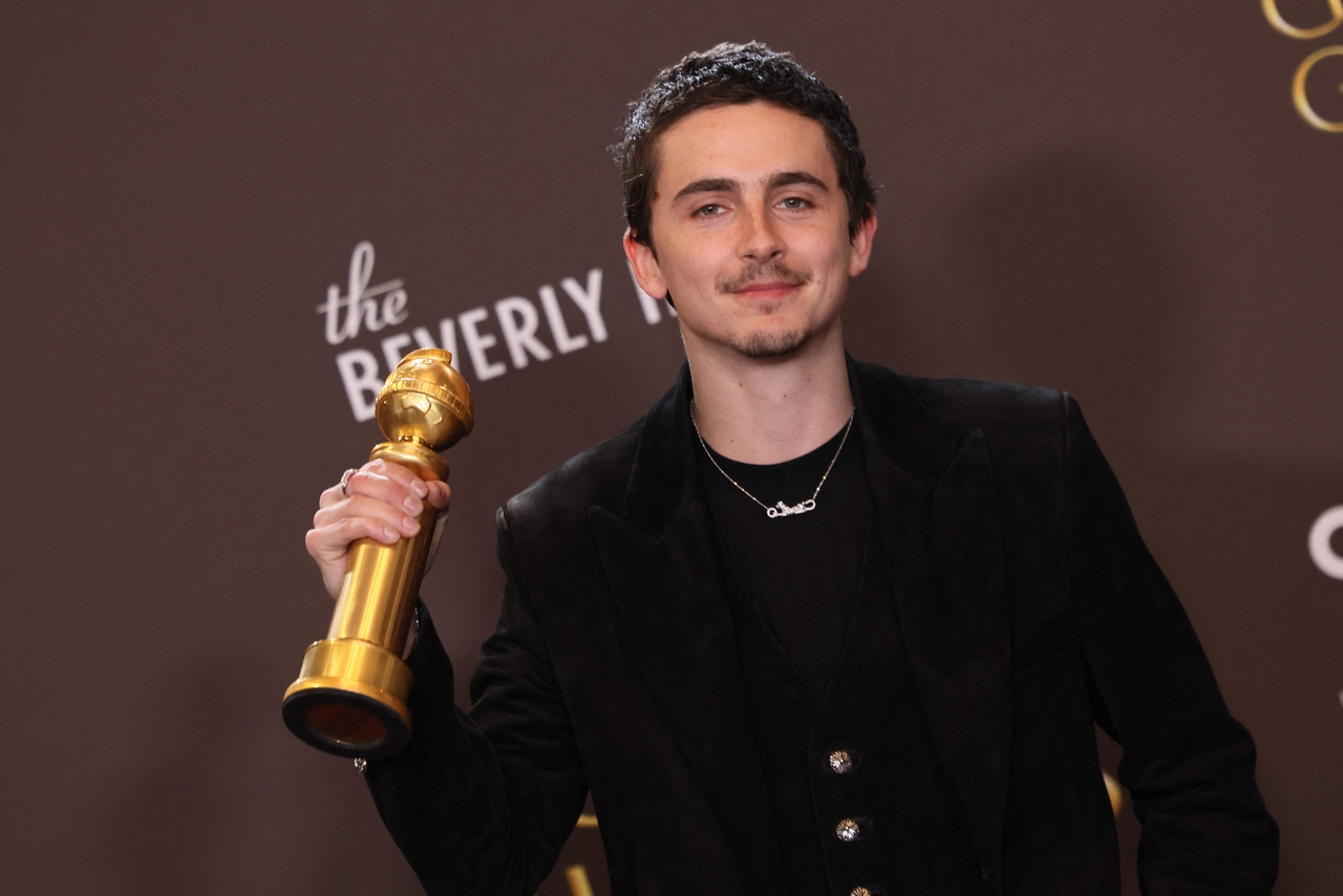 French-US actor Timothee Chalamet poses in the press room with the Best Actor in a Motion Picture  - Musical or Comedy for "Marty Supreme"  during the 83rd Golden Globes Award in Beverly Hills, California, on Sunday. (AFP-Yonhap)