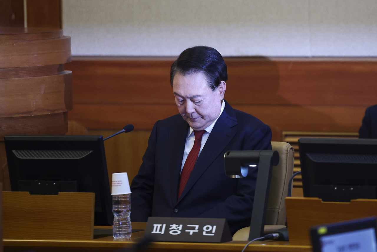 Yoon Suk Yeol attends the hearing of his impeachment trial at the Constitutional Court on Jan. 21, 2025 in Seoul. (Getty Images)