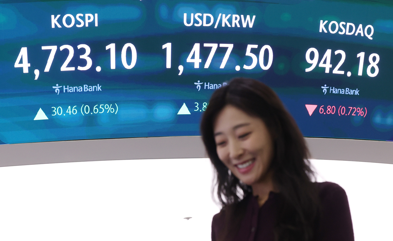 An electronic board showing the Korea Composite Stock Price Index at a dealing room of the Hana Bank headquarters in Seoul on Wednesday. (Yonhap)