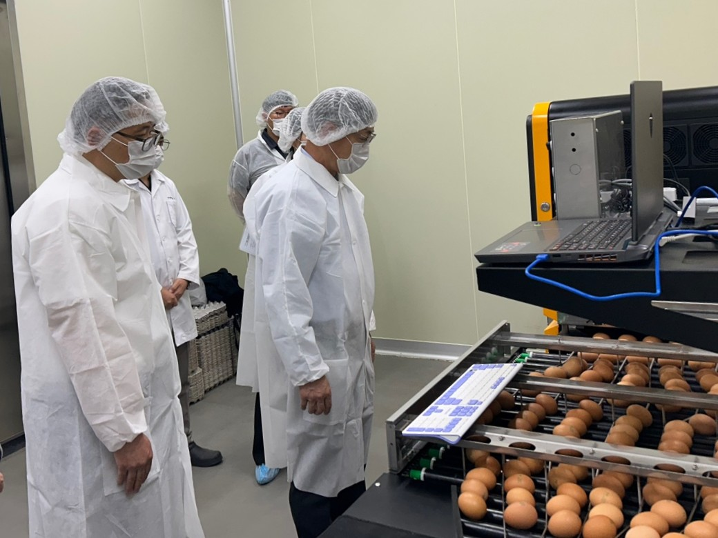축산물품질평가원 박병홍 원장(오른쪽)이 인공지능 기반 계란 등급판정 기계 시연을 보고 있다. [축산물품질평가원 제공]