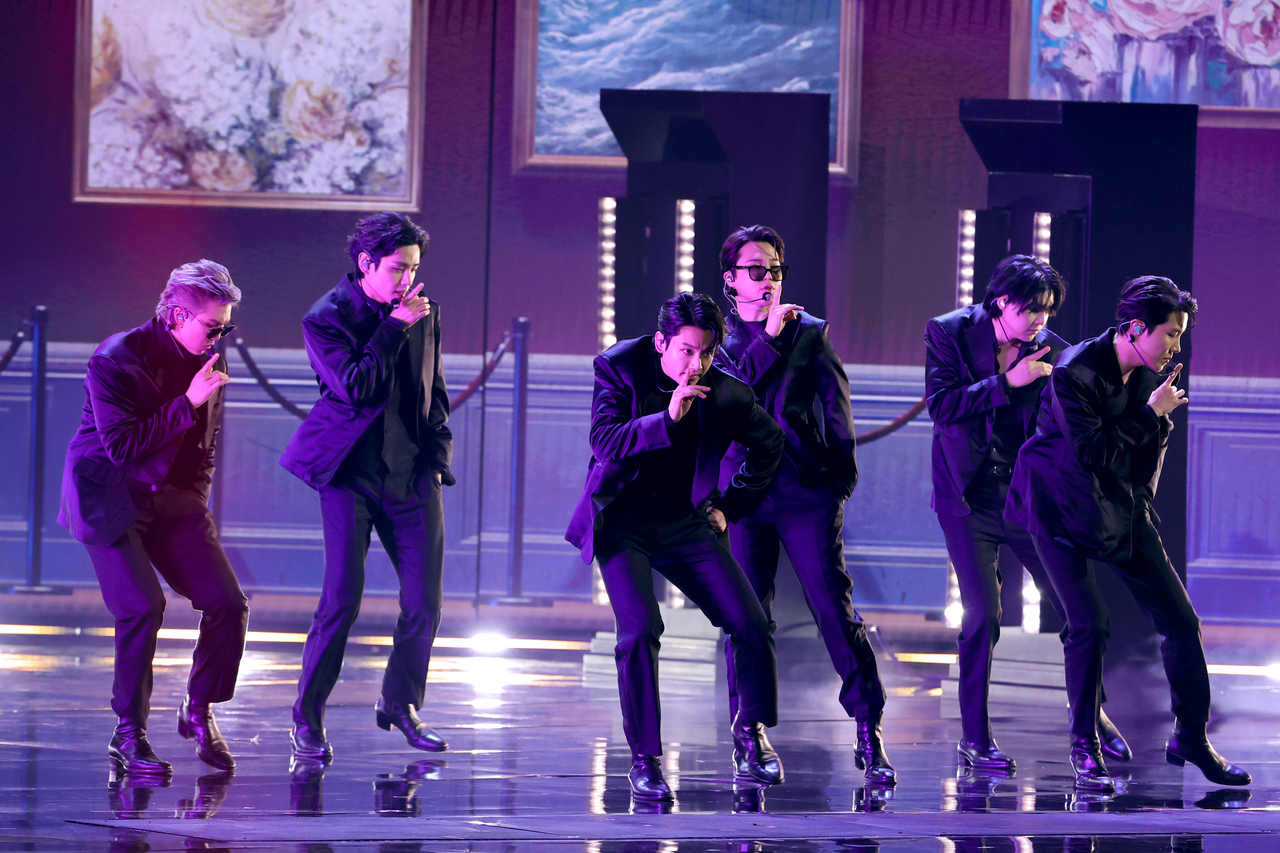 BTS perform onstage during the 64th Annual Grammy Awards in April 2022 in Las Vegas. (Getty Images)