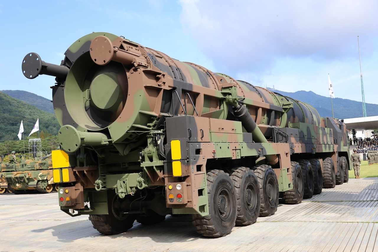 The high-power Hyunmoo-5 missile is showcased during a ceremony marking Armed Forces Day, on Oct. 1, 2025. (Yonhap)