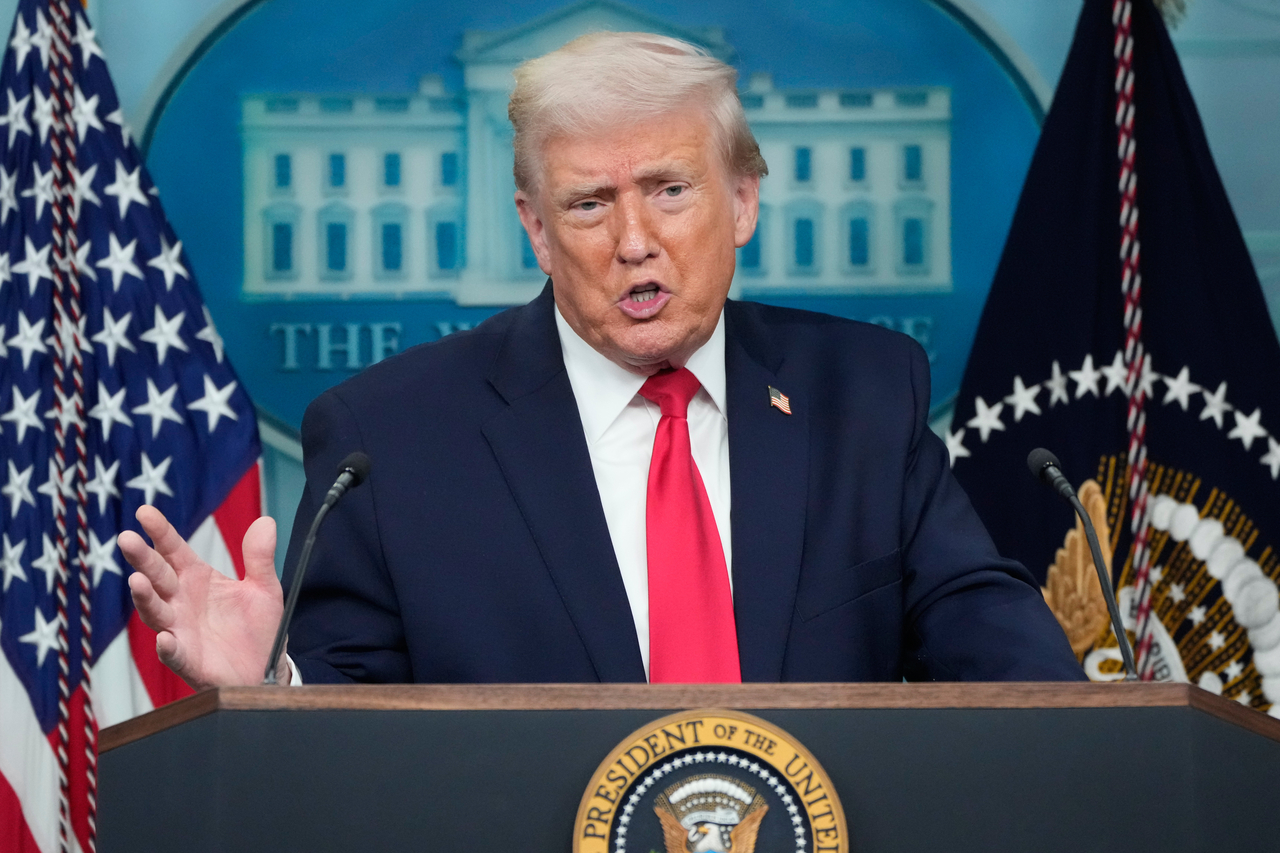 President Donald Trump speaks during a press briefing at the White House in Washington, Tuesday. (AP-Yonhap)