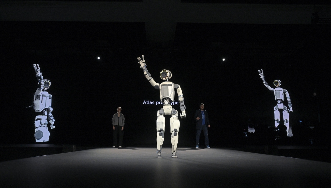 The next-generation electric Atlas prototype model from Boston Dynamics is showcased during Hyundai Motor Group’s media day at CES 2026 at the Mandalay Bay Convention Center in Las Vegas on Jan. 5. (Hyundai Motor Group)