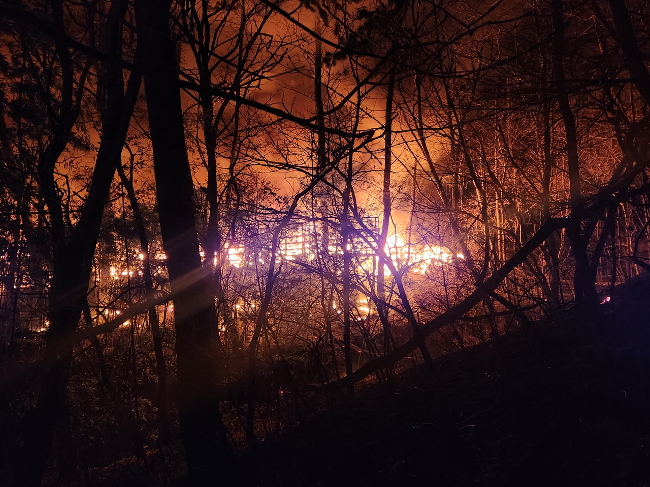 A wildfire rages on a mountain in Busan, about 320 kilometers southeast of Seoul, on Wednesday, in this photo provided by local fire authorities.