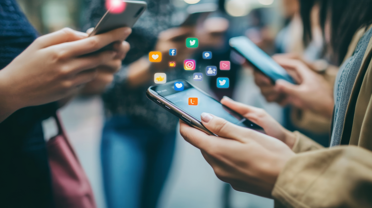 People using mobile phones with colorful social media notifications. (123rf)