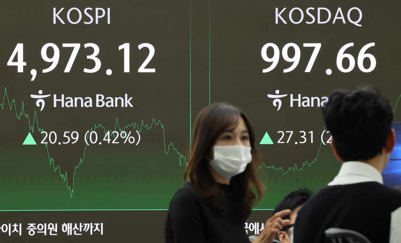 Employees monitor stock and currency movements in the dealing room at the Seoul headquarters of Hana Bank on Friday. (Yonhap)