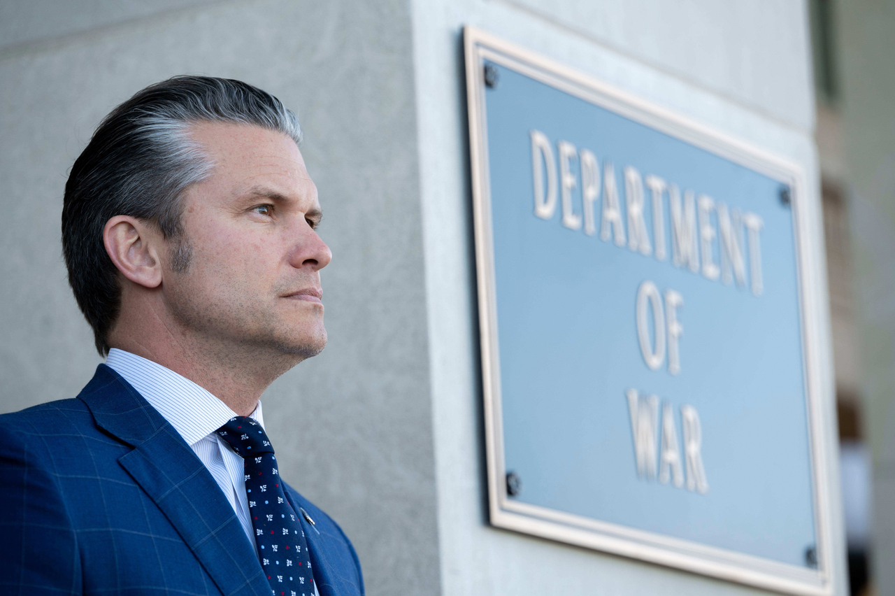 Defense Secretary Pete Hegseth stands outside the Pentagon during a welcome ceremony for Japanese Defense Minister Shinjirō Koizumi at the Pentagon on Jan. 15 in Washington. (AP)