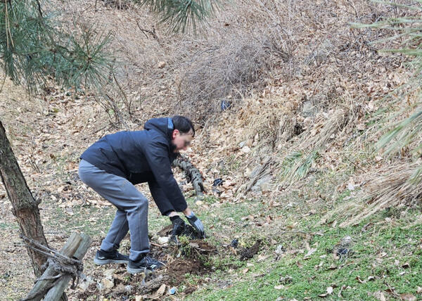This photo posted on the website of Bupyeong-gu district in Incheon shows a US national picking up garbage that had been buried on Jangsusan. (Yonhap)