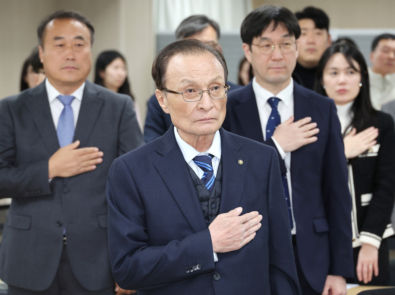 Lee Hae-chan, executive vice chair of the Peaceful Unification Advisory Council, attends his inauguration ceremony in November 2025. (Yonhap)