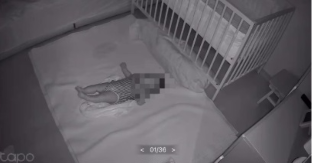 Footage from a home camera in the baby’s room at Bang Eun-jung's home shows the child sleeping on a mattress topper on the floor. (Bang Eun-jung)