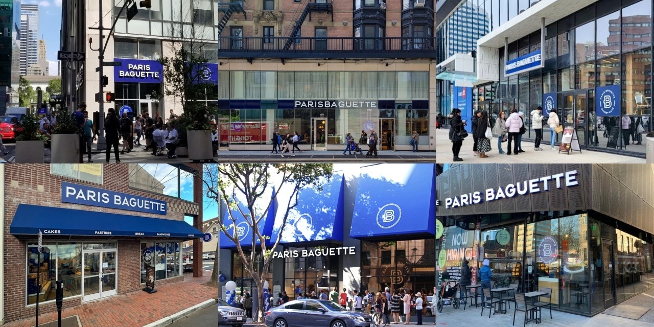 Paris Baguette stores in North America: (clockwise from top left) Manhattan Broadway, Manhattan Lexington Avenue, Toronto Yonge & Sheppard, Philadelphia University, California DTLA and New Jersey Red Bank. (SPC Group)