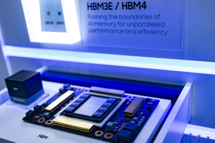 Samsung Electronics' HBM3E and HBM4 chips are displayed at the Semiconductor Exhibition 2025 held at Coex in Seoul in October (Getty Images)