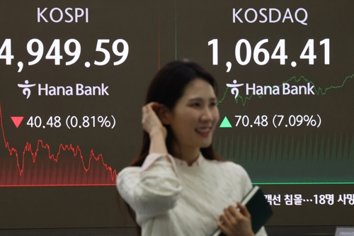 An electronic board showing the Korea Composite Stock Price Index at a dealing room of the Hana Bank headquarters in Seoul on Tuesday. (Yonhap)