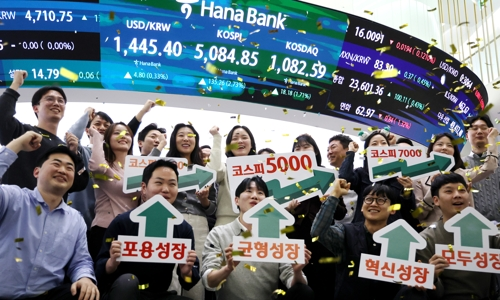 An electronic board showing the Korea Composite Stock Price Index at a dealing room of the Hana Bank headquarters in Seoul on Tuesday. (Yonhap)