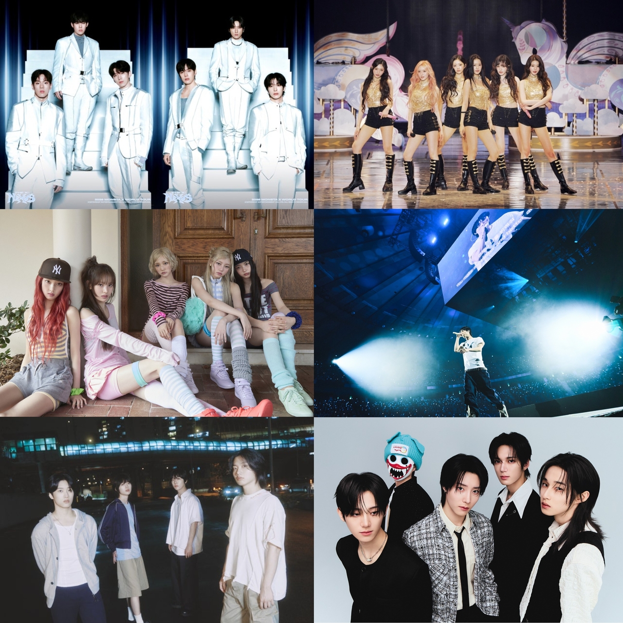(왼쪽 상단부터 가로방향) 스타쉽 몬스타엑스, 스타쉽 아이브, 스타쉽 키키, 이담엔터 우즈, 안테나 드래곤포니, 카카오엔터 하츠웨이브