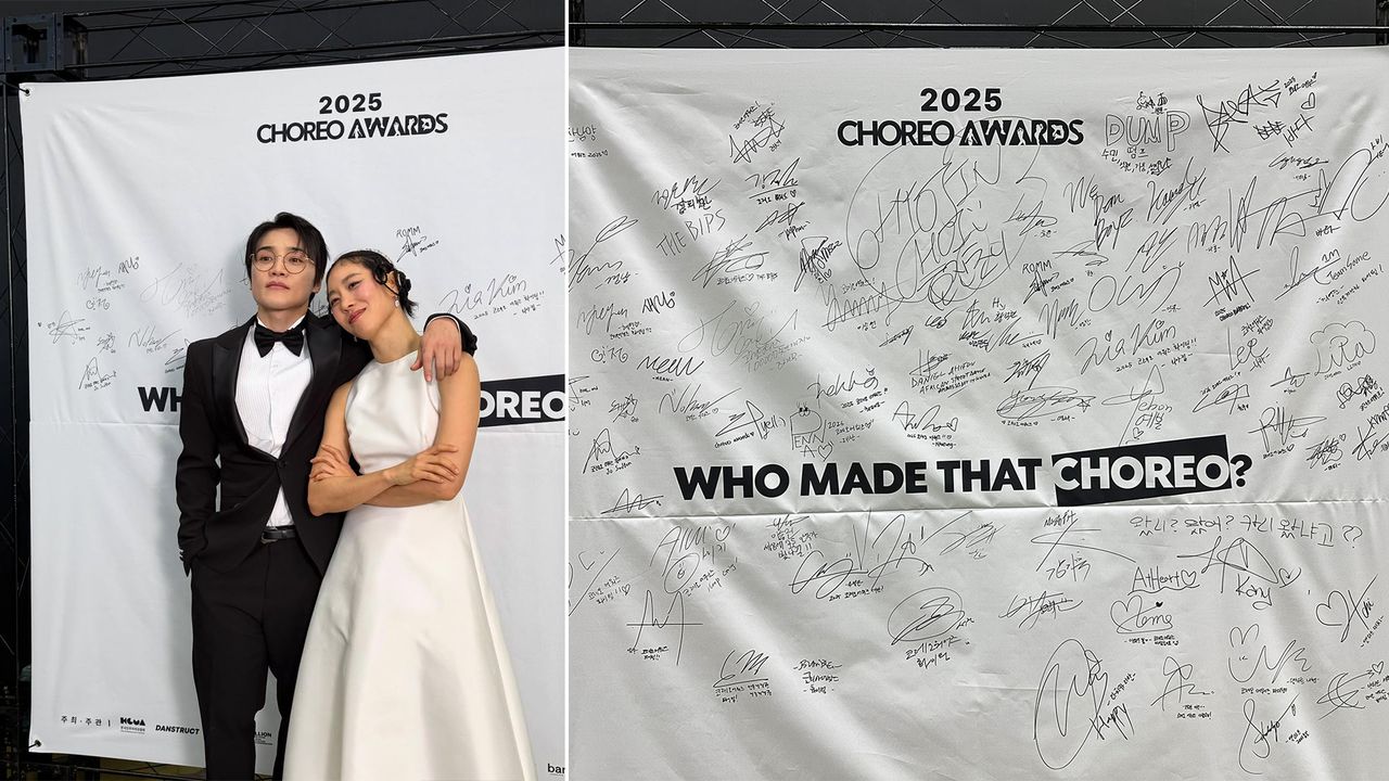 1MILLION Dance Studio founder Lia Kim posing with Team Same leader and 1MILLION director Choi Young jun at the 2025 Choreo Awards in Seoul both dressed in wedding themed outfits symbolizing their marriage to Korean dance