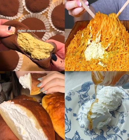 Screenshots of videos on TikTok showing creators eating viral foods. Clockwise from top left: Dubai chewy cookies, Buldak noodles with cheese and carbonara seasoning, Greek yogurt,  and cream-filled bread, all loved for their textures. (TikTok)
