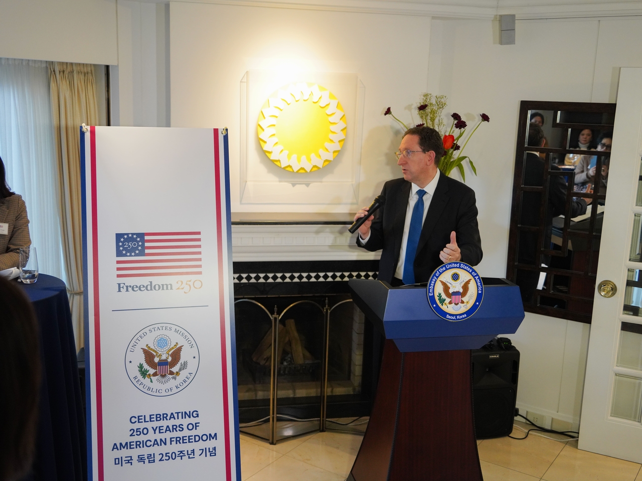 James Heller, acting US ambassador to South Korea, speaks during an event celebrating the launch of a public diplomacy campaign marking the 250th anniversary of the founding of the United States, at his residence in Seoul on Wednesday. (US Embassy in Seoul)