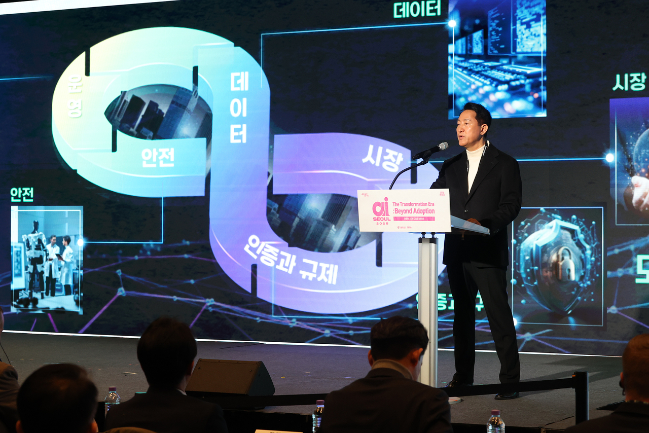 Seoul Mayor Oh Se-hoon declares Seoul will become a leading city in physical AI,  at the AI Seoul 2026 conference at Coex in Gangnam, southern Seoul, Friday. (Yonhap)