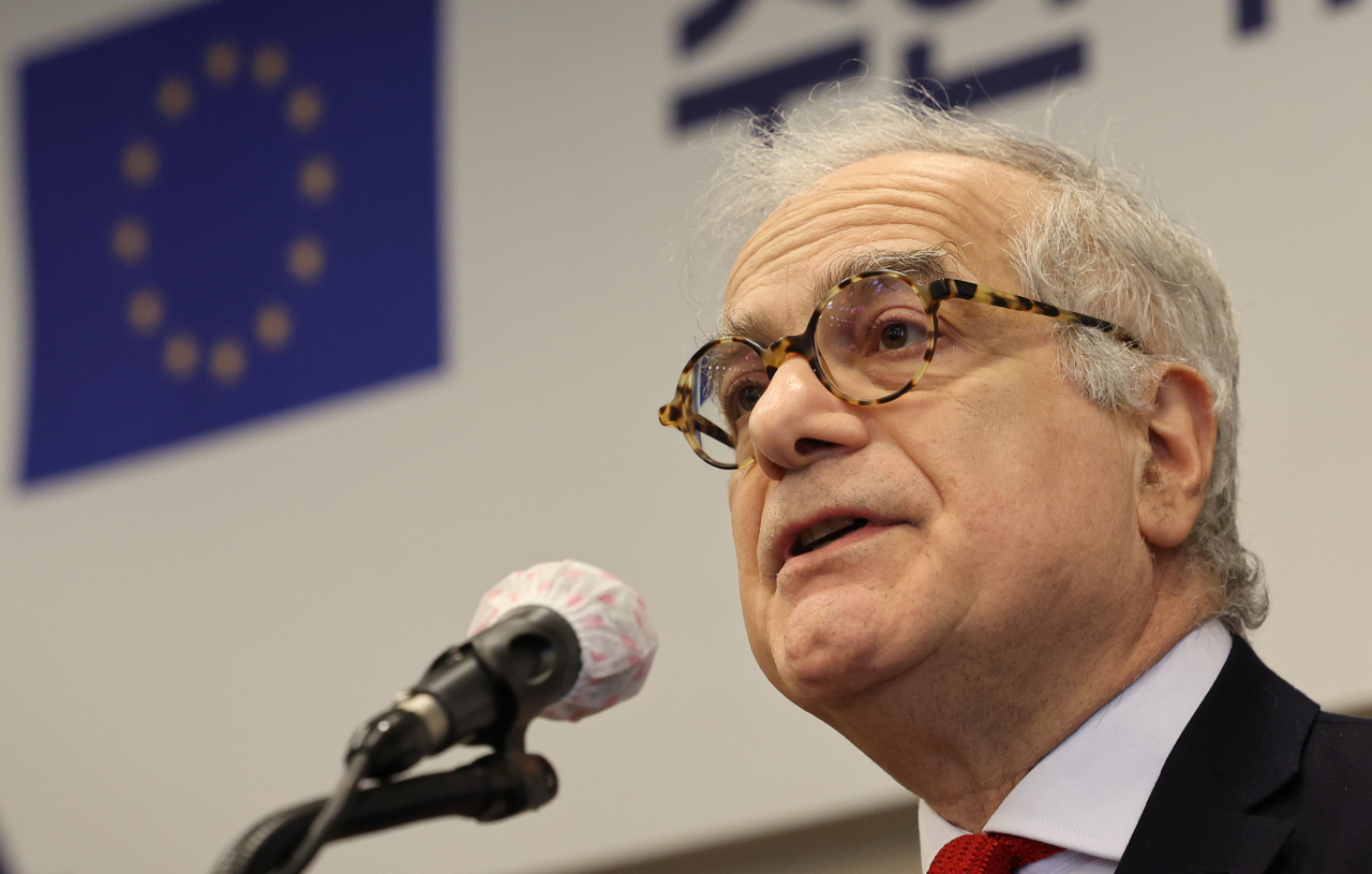 EU Ambassador to South Korea Ugo Astuto speaks during a press conference in Seoul on Friday. (Yonhap)