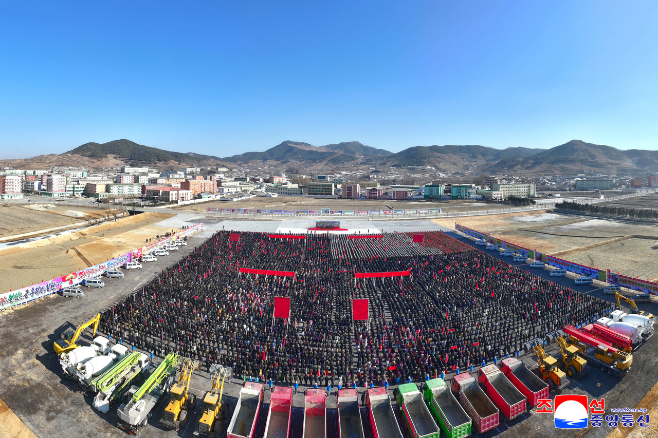 This image shows a groundbreaking ceremony for a construction project in Pyongwon County under North Korea's regional development policy, held the previous day. (KCNA via Yonhap)