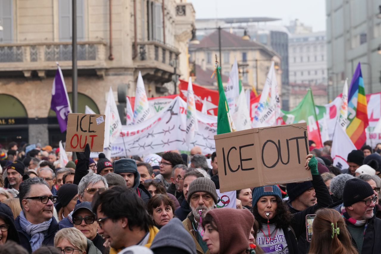 NO ICE AT WINTER GAMES -- Demonstrators gather to protest US Immigration and Customs Enforcement, ahead of the 2026 Winter Olympics in Milan, Saturday. US ICE agents deployed at the upcoming Winter Olympics are to be stationed in a control room and not operating on the streets.  (Related content on Page 9)   AP-Yonhap