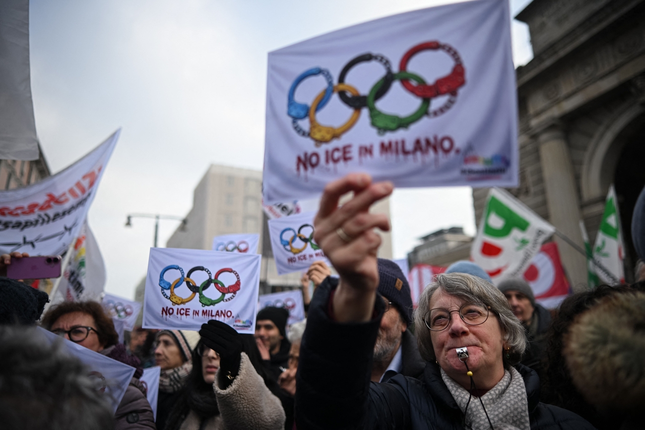 NO ICE AT WINTER GAMES -- Demonstrators protest against US Immigration and Customs Enforcement ahead of the Milan Cortina 2026 Olympic Games in Milan on Saturday. A branch of ICE will help support security operations for the Winter Olympics in northern Italy, sparking consternation and warnings they were not welcome. (Related content on Page 9)   AFP-Yonhap