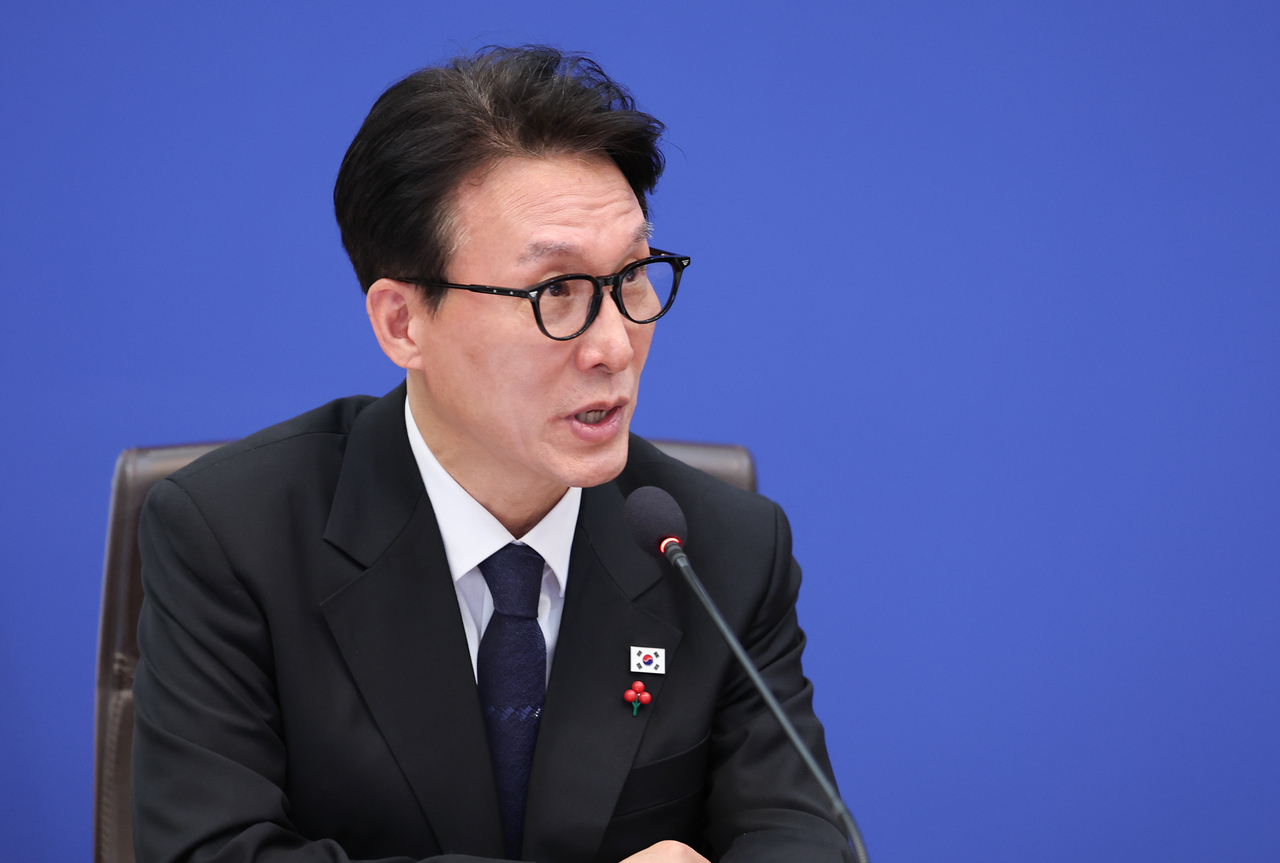 South Korean Prime Minister Kim Min-seok speaks during a Cabinet meeting chaired by Lee Jae Myung at Cheong Wa Dae on Tuesday in Seoul. (Cheong Wa Dae)
