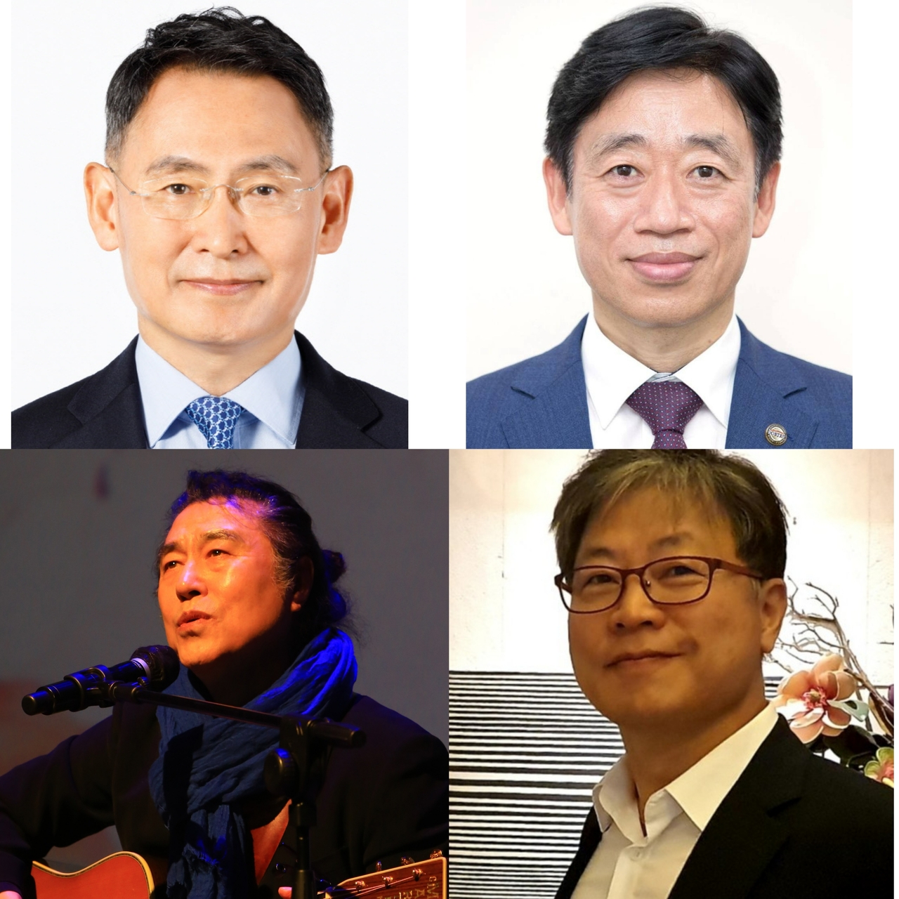 From left, clockwise: Huh Chang, newly appointed second vice minister of economy and finance; Oh Tae-seog, newly appointed head of the Korea Aerospace Administration; Kim Jwa-kwan, newly appointed chair of the Presidential Water Commission; and singer Kim Won-jung, newly appointed chair of the Presidential Committee for Hub City of Asian Culture. President Lee Jae Myung made the appointments, Cheong Wa Dae announces Monday. (Cheong Wa Dae/ Combined by The Korea Herald)