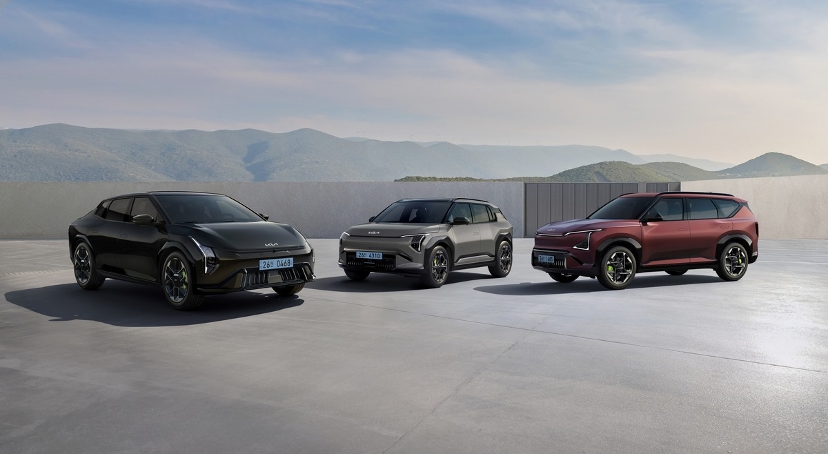 This photo shows (from left to right) the automaker's EV4 GT, EV5 GT and EV3 GT models. (Kia Corp.)