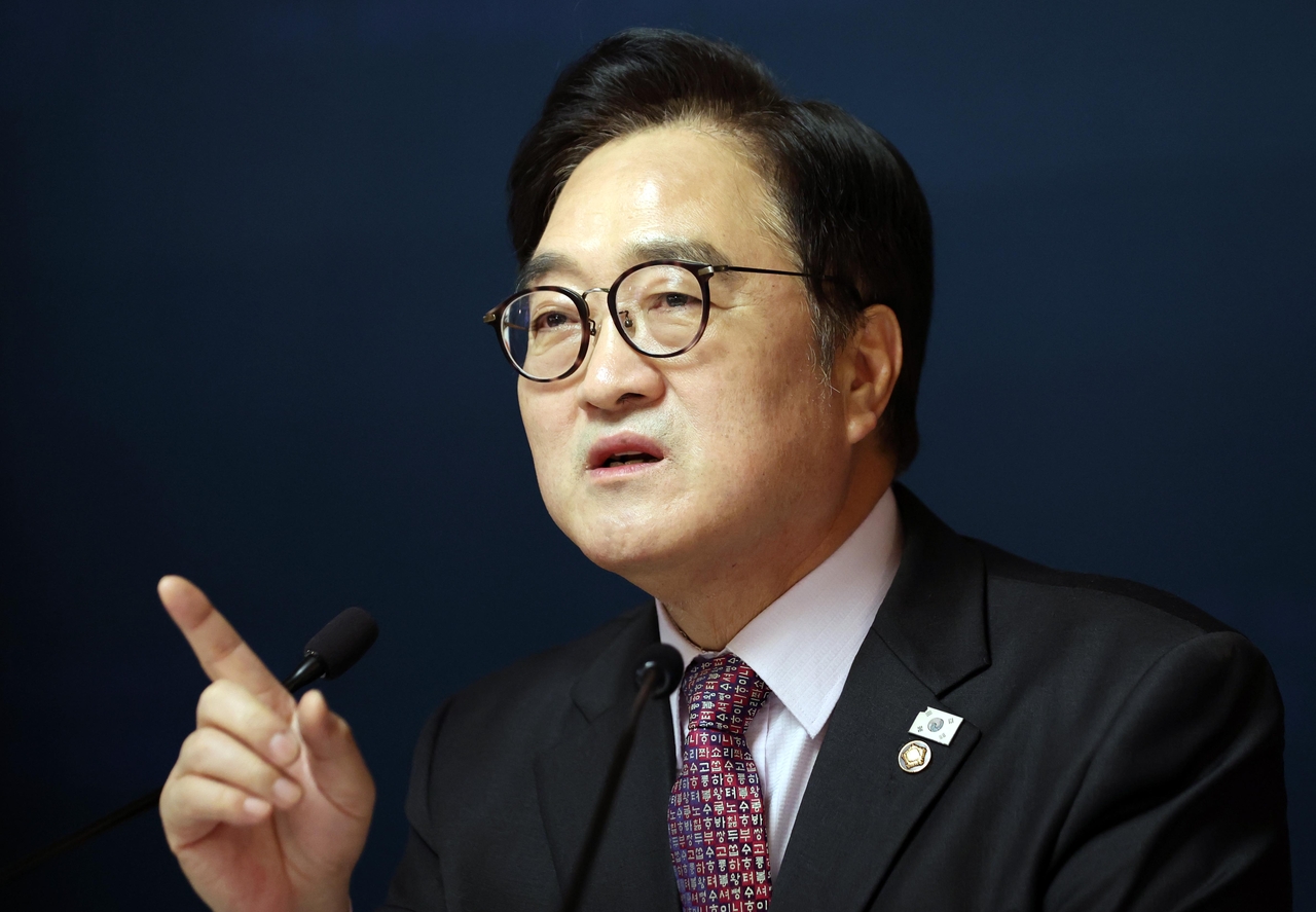 National Assembly Speaker Rep. Woo Won-shik speaks during a news conference at the National Assembly in Seoul on Thursday. (Pool photo via Yonhap)