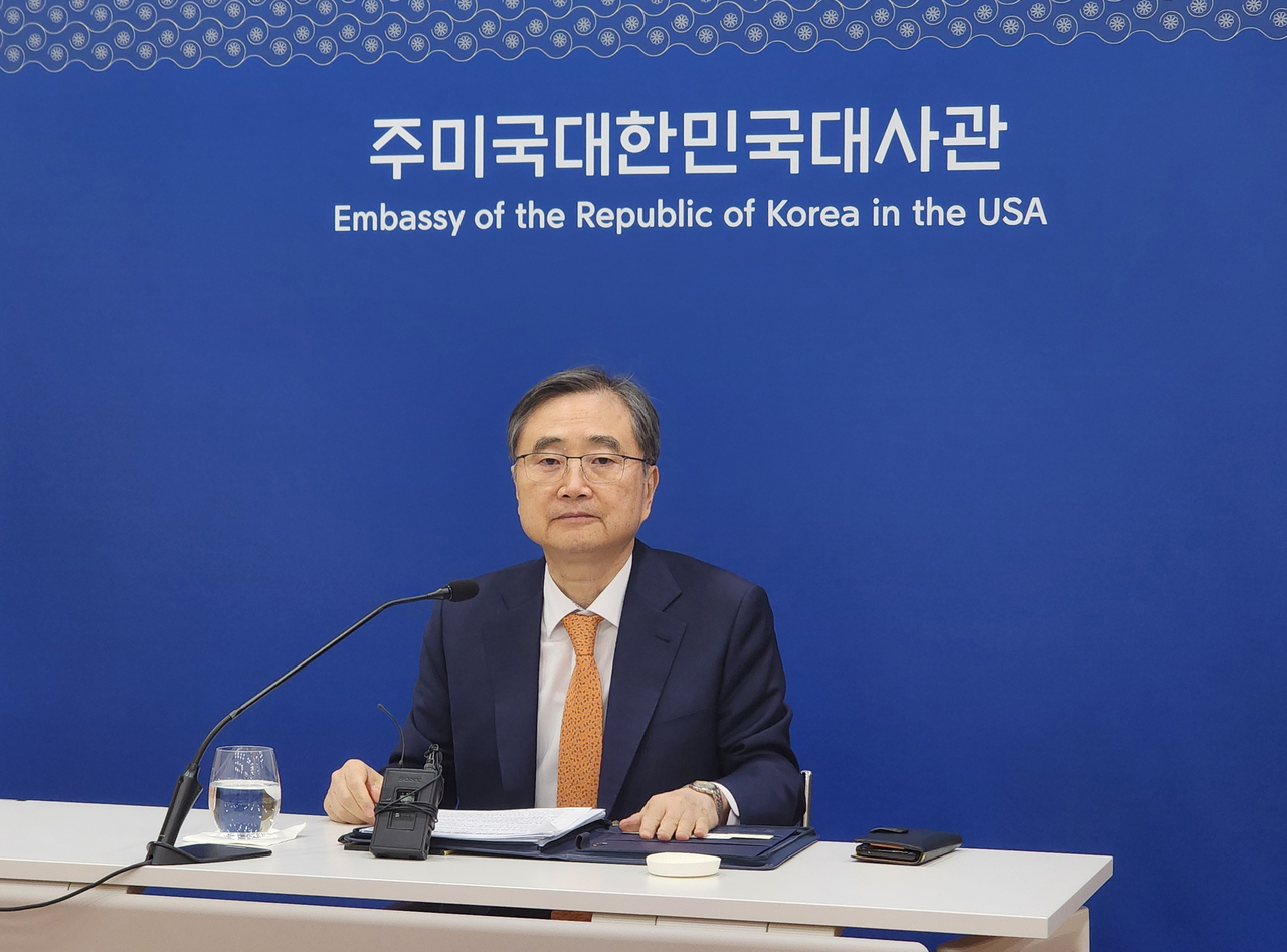 Foreign Minister Cho Hyun speaks during a press meeting at the South Korean Embassy in Washington on Friday. (Yonhap)