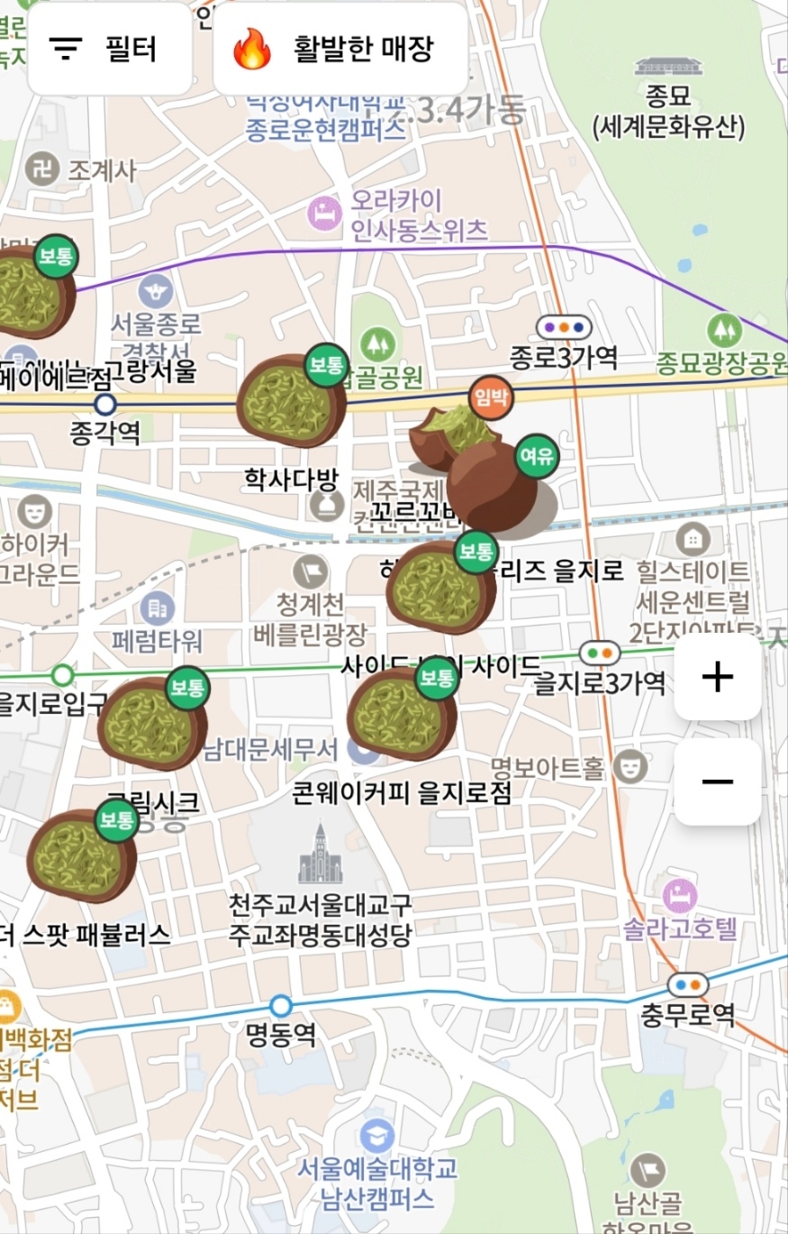 This screenshot of the “dujjonku map” app shows multiple stores near  Jonggak Station offering dujjongku. (Dujjong-ku map)