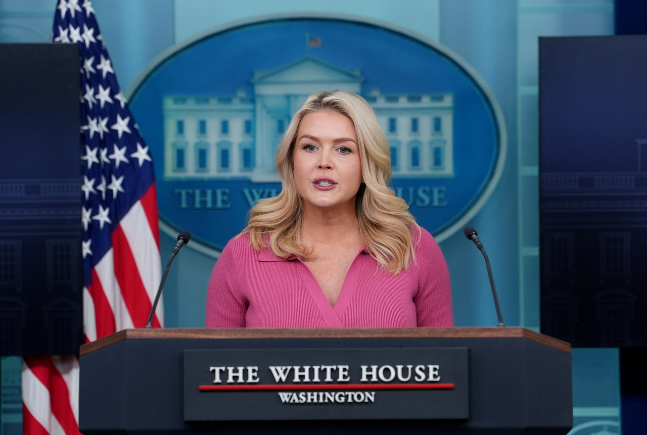 White House press secretary Karoline Leavitt speaks during a briefing at the White House, Thursday, in Washington. (AP-Yonhap)