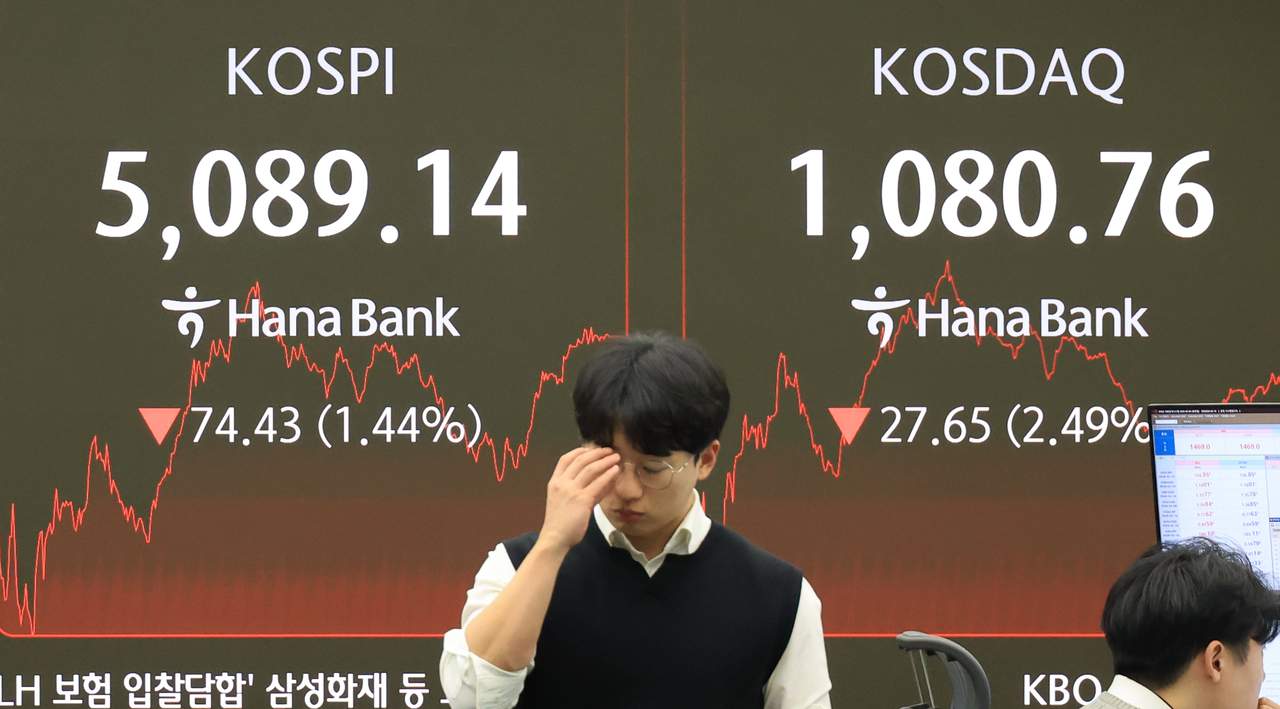 An electronic board showing the Korea Composite Stock Price Index at a dealing room of the Hana Bank headquarters in Seoul on Friday. (Yonhap)