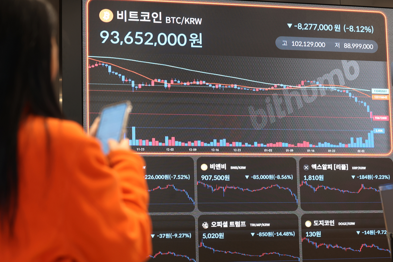 An electronic signboard at cryptocurrency exchange Bithumb in Seoul displays the bitcoin price during a trading session on Friday. (Yonhap)