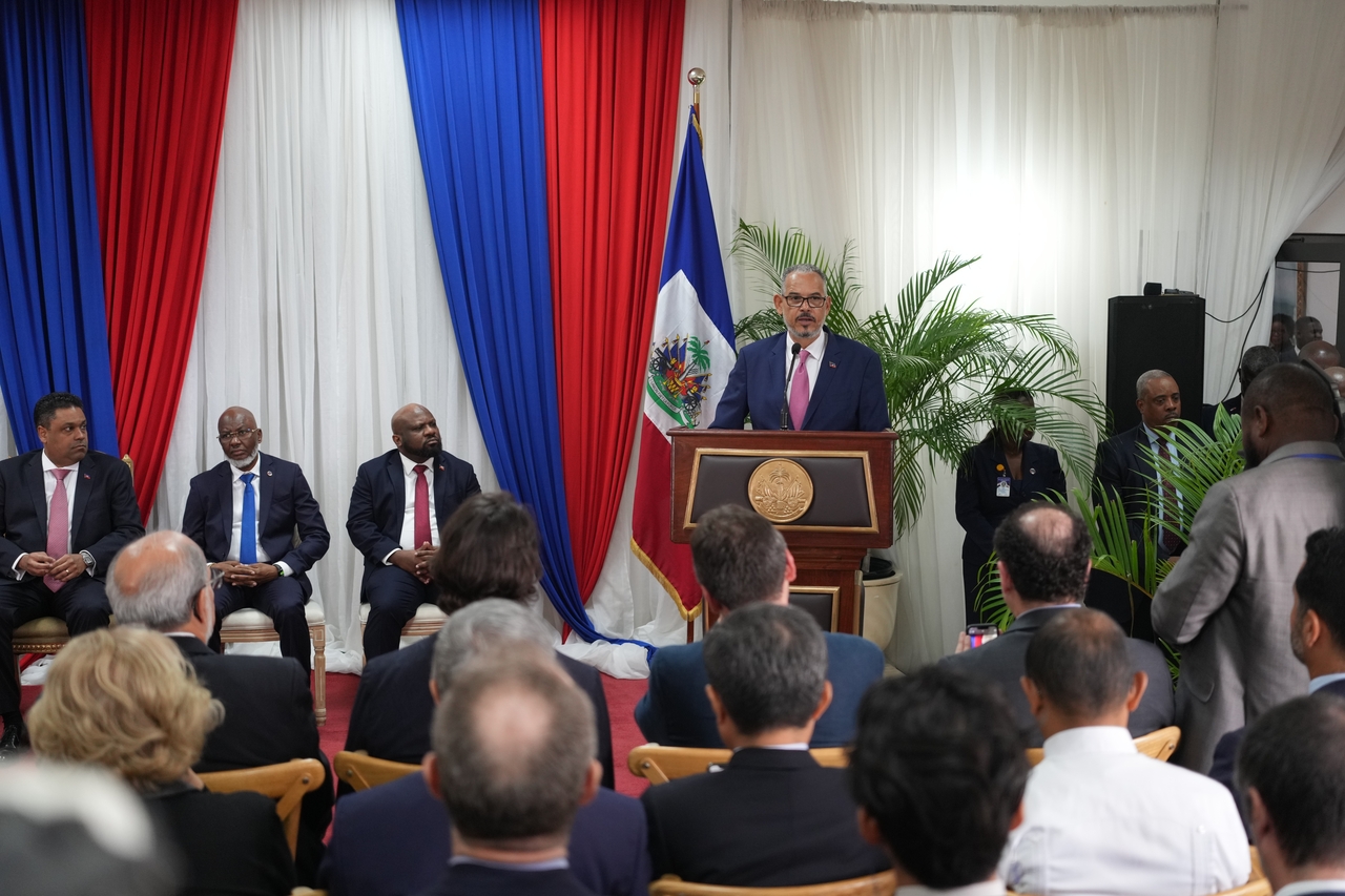 Haitian Prime Minister Alix Didier Fils-Aime speaks during the ceremony marking the end of the presidential council in Port-au-Prince, Haiti, Saturday. (AP-Yonhap)