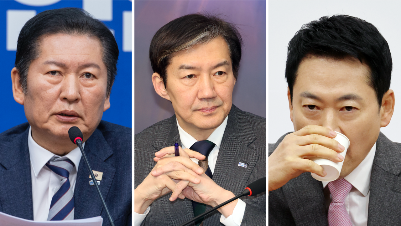 From left: Rep. Jung Chung-rae, leader of the ruling Democratic Party of Korea; Cho Kuk, leader of the minor opposition Rebuilding Korea Party; and Rep. Jang Dong-hyeok, leader of the main opposition People Power Party. (Yonhap)