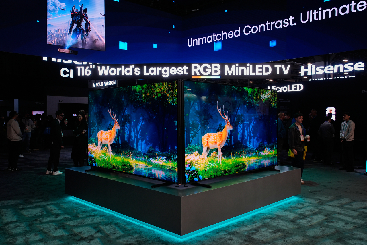 A pair of 116-inch RGB MiniLED televisions are displayed at the Hisense booth at the CES 2026 trade show in Las Vegas in January. (AP-Yonhap)